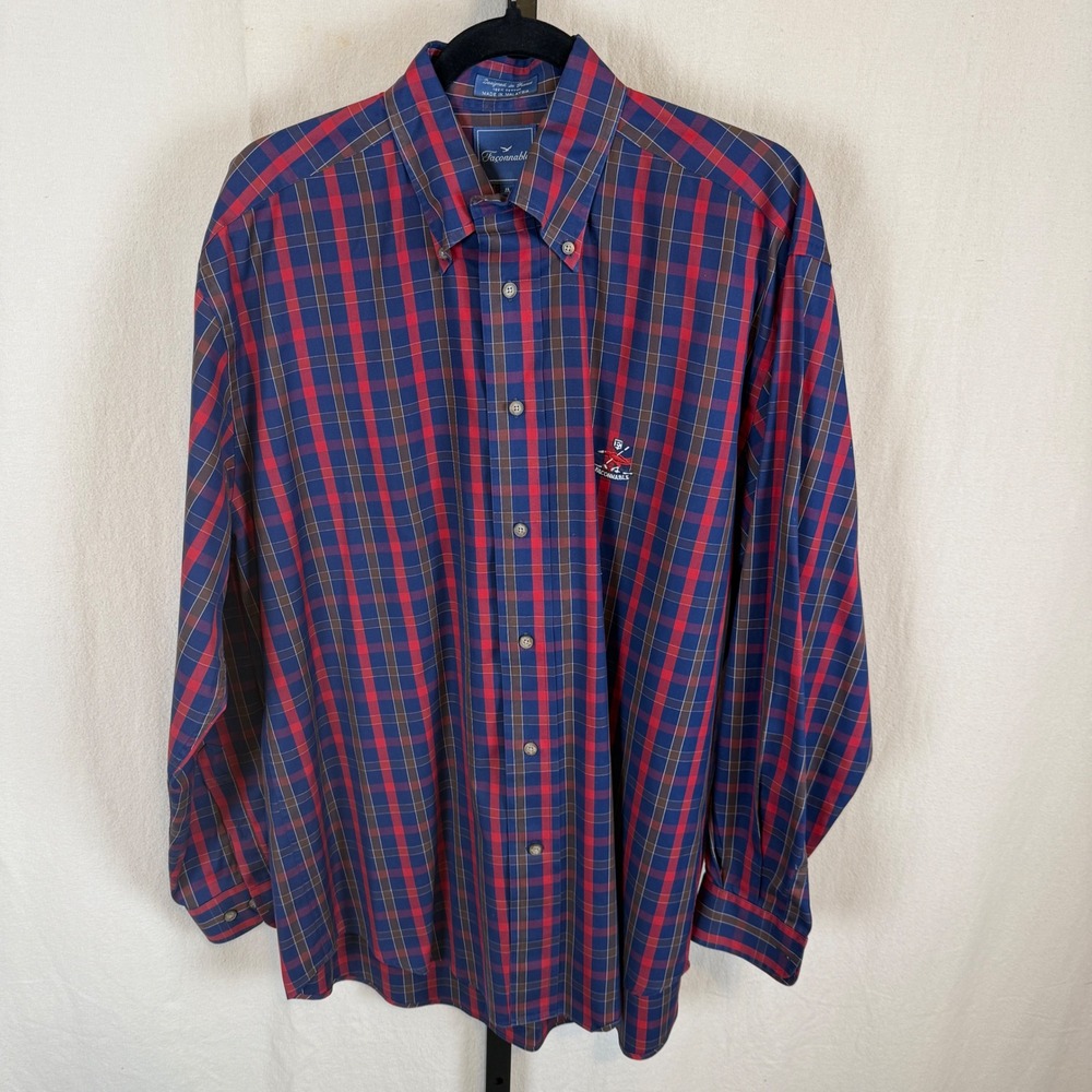 Faconnable Mens Plaid Button Down Shirt Medium Red Navy Blue Cotton Long Sleeve